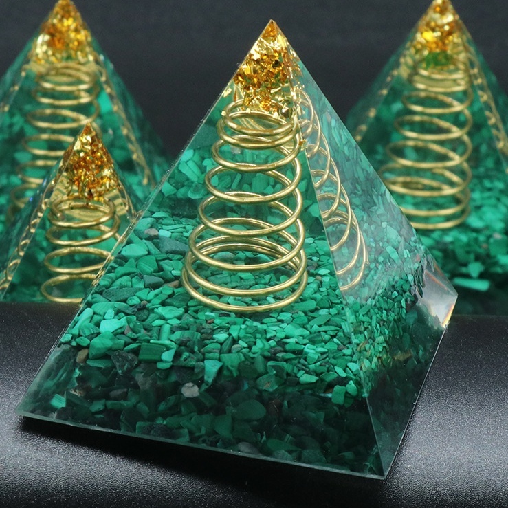 Malachite Raw Base Gold 60MM Pyramid Ornament for Home Decor