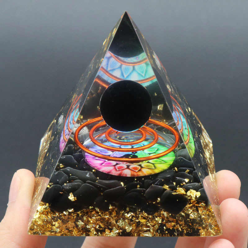 Gemstone Sphere Raw Black Obsidian Base Gold 60MM Pyramid Ornament for Home Decor