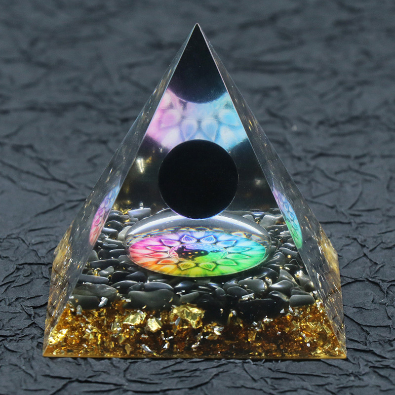 Gemstone Sphere Raw Black Obsidian Base Gold 60MM Pyramid Ornament for Home Decor