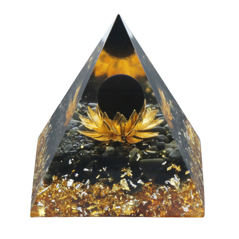 Gemstone Sphere Raw Black Obsidian Base Gold 60MM Pyramid Ornament for Home Decor