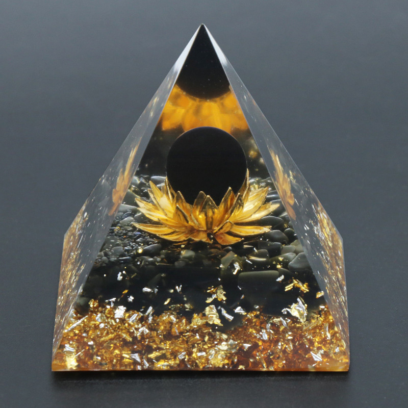 Gemstone Sphere Raw Black Obsidian Base Gold 60MM Pyramid Ornament for Home Decor