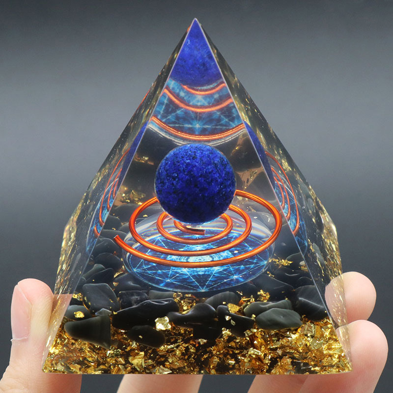 Gemstone Sphere Raw Black Obsidian Base Gold 60MM Pyramid Ornament for Home Decor