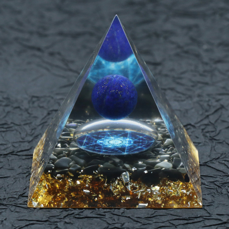 Gemstone Sphere Raw Black Obsidian Base Gold 60MM Pyramid Ornament for Home Decor