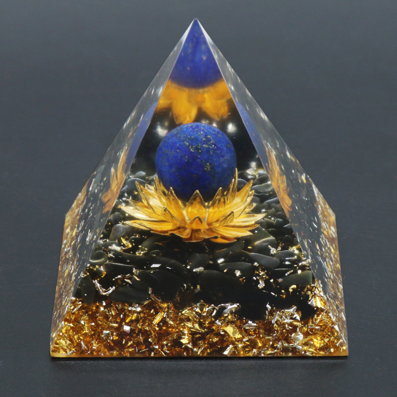 Gemstone Sphere Raw Black Obsidian Base Gold 60MM Pyramid Ornament for Home Decor