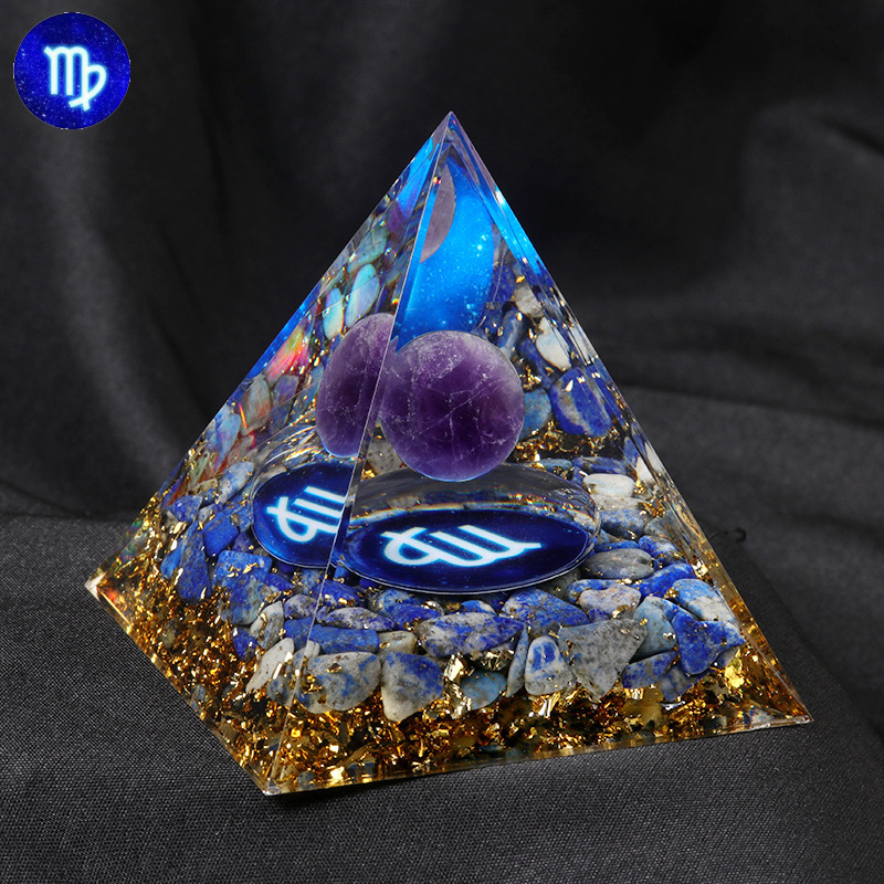 12 Constellation  Amethyst Balls  Chip Stone Base Gold 60MM Pyramid Ornament for Home Decor