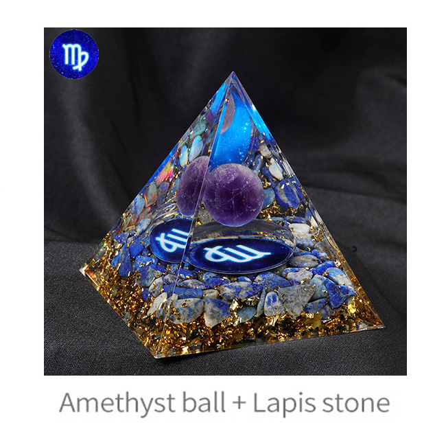 12 Constellation  Amethyst Balls  Chip Stone Base Gold 60MM Pyramid Ornament for Home Decor