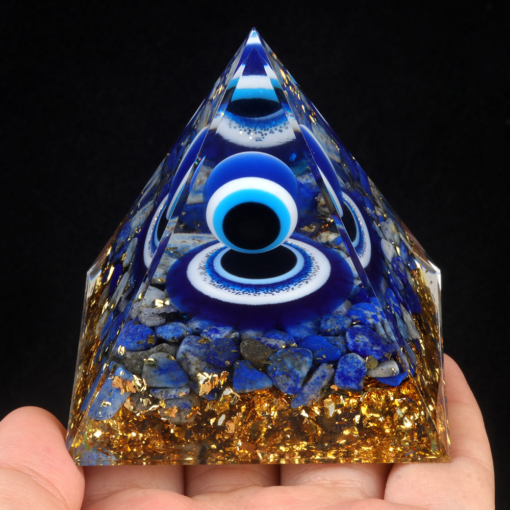 Blue Evil Eye Lapis Lazuli Base Gold 60MM Pyramid Ornament for Home Decor