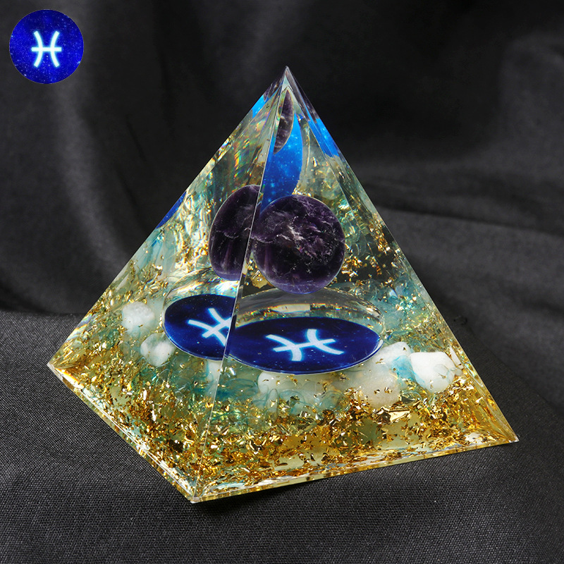 12 Constellation  Amethyst Balls  Chip Stone Base Gold 60MM Pyramid Ornament for Home Decor