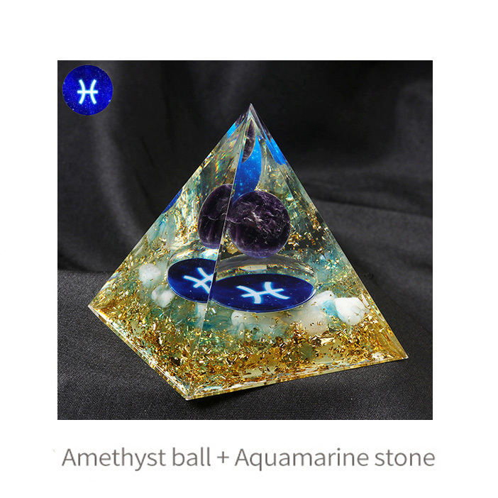 12 Constellation  Amethyst Balls  Chip Stone Base Gold 60MM Pyramid Ornament for Home Decor
