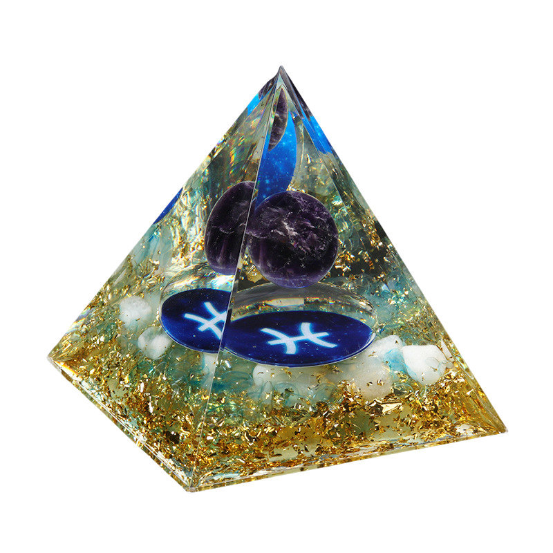 12 Constellation  Amethyst Balls  Chip Stone Base Gold 60MM Pyramid Ornament for Home Decor