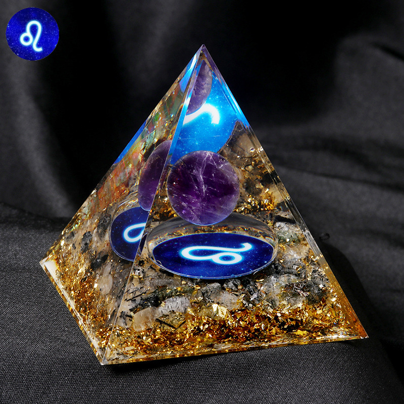 12 Constellation  Amethyst Balls  Chip Stone Base Gold 60MM Pyramid Ornament for Home Decor