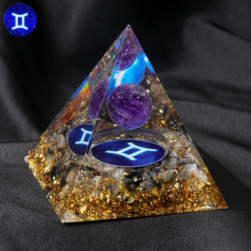 12 Constellation  Amethyst Balls  Chip Stone Base Gold 60MM Pyramid Ornament for Home Decor
