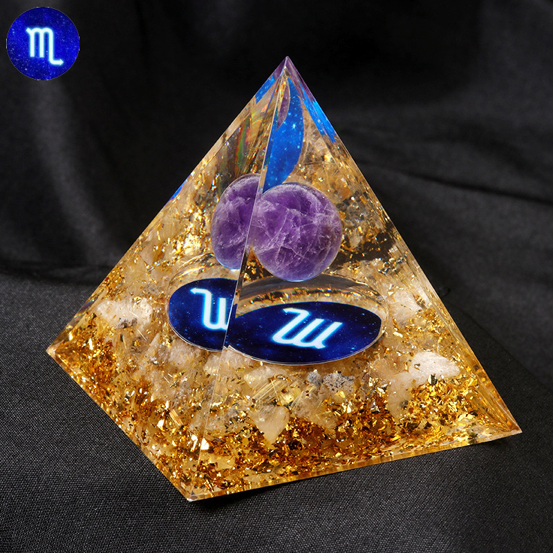 12 Constellation  Amethyst Balls  Chip Stone Base Gold 60MM Pyramid Ornament for Home Decor