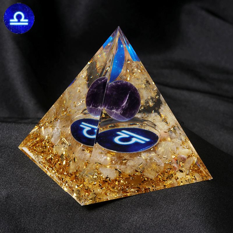 12 Constellation  Amethyst Balls  Chip Stone Base Gold 60MM Pyramid Ornament for Home Decor