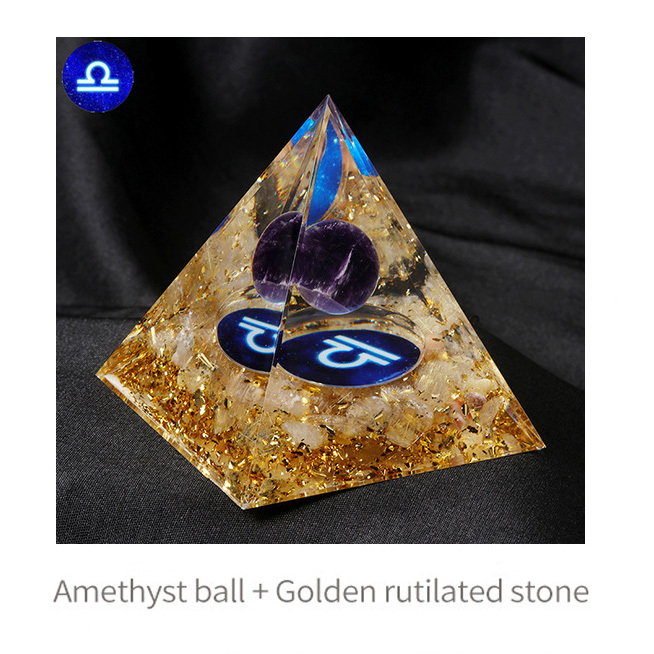 12 Constellation  Amethyst Balls  Chip Stone Base Gold 60MM Pyramid Ornament for Home Decor