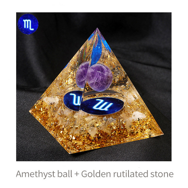 12 Constellation  Amethyst Balls  Chip Stone Base Gold 60MM Pyramid Ornament for Home Decor