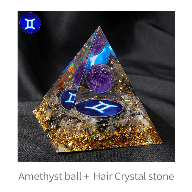 12 Constellation  Amethyst Balls  Chip Stone Base Gold 60MM Pyramid Ornament for Home Decor