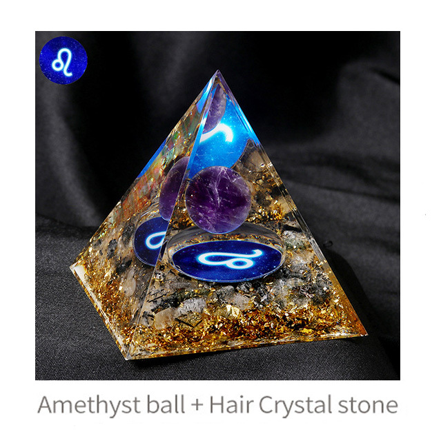 12 Constellation  Amethyst Balls  Chip Stone Base Gold 60MM Pyramid Ornament for Home Decor