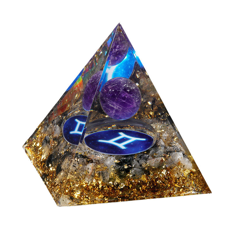 12 Constellation  Amethyst Balls  Chip Stone Base Gold 60MM Pyramid Ornament for Home Decor