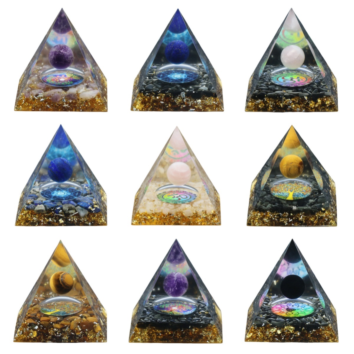Gemstone Sphere Raw Black Obsidian Base Gold 60MM Pyramid Ornament for Home Decor