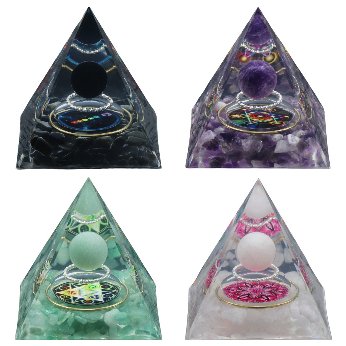 Gemstone Sphere Raw Stone Resin Base Gold 60MM Pyramid Ornament for Home Decor