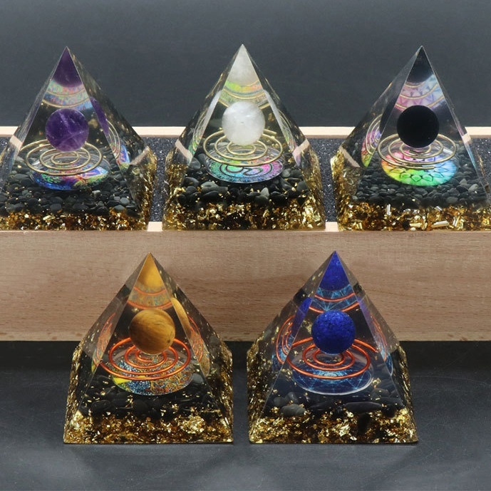 Gemstone Sphere Raw Black Obsidian Base Gold 60MM Pyramid Ornament for Home Decor