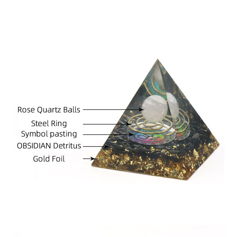 Gemstone Sphere Raw Black Obsidian Base Gold 60MM Pyramid Ornament for Home Decor