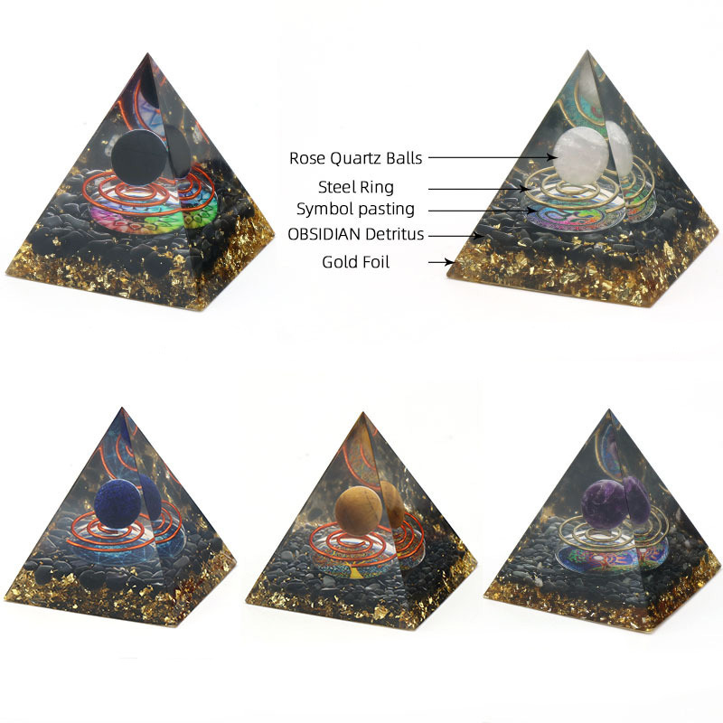 Gemstone Sphere Raw Black Obsidian Base Gold 60MM Pyramid Ornament for Home Decor