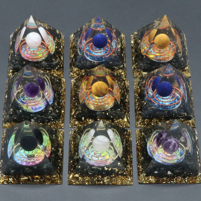 Gemstone Sphere Raw Black Obsidian Base Gold 60MM Pyramid Ornament for Home Decor