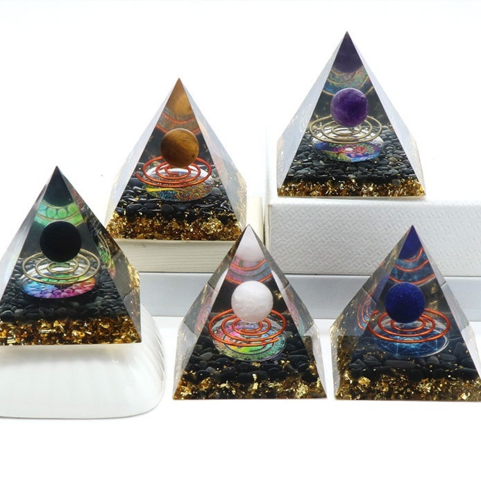 Gemstone Sphere Raw Black Obsidian Base Gold 60MM Pyramid Ornament for Home Decor