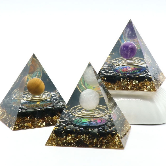 Gemstone Sphere Raw Black Obsidian Base Gold 60MM Pyramid Ornament for Home Decor