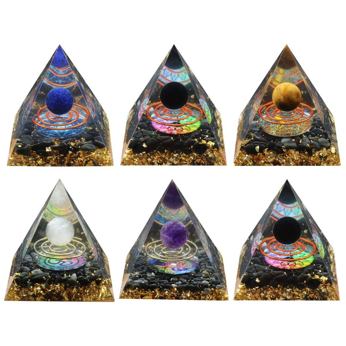 Gemstone Sphere Raw Black Obsidian Base Gold 60MM Pyramid Ornament for Home Decor