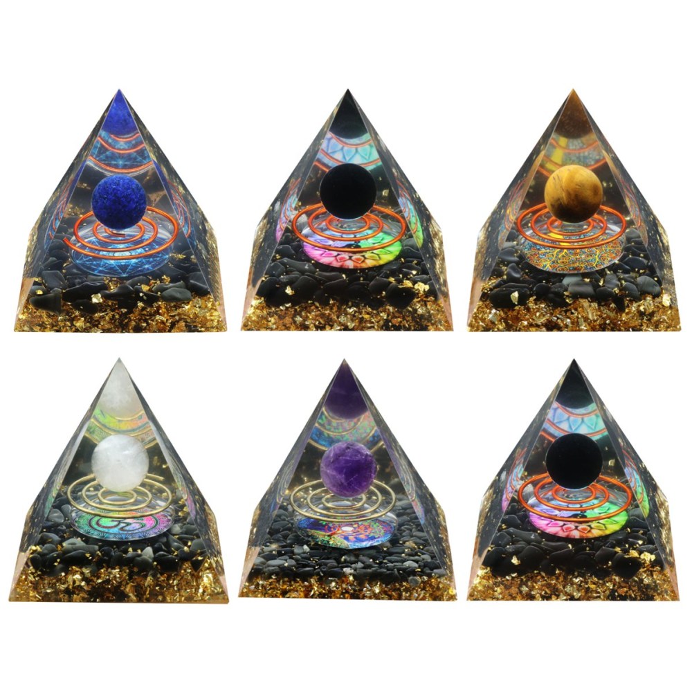 Gemstone Sphere Raw Black Obsidian Base Gold 60MM Pyramid Ornament for Home Decor