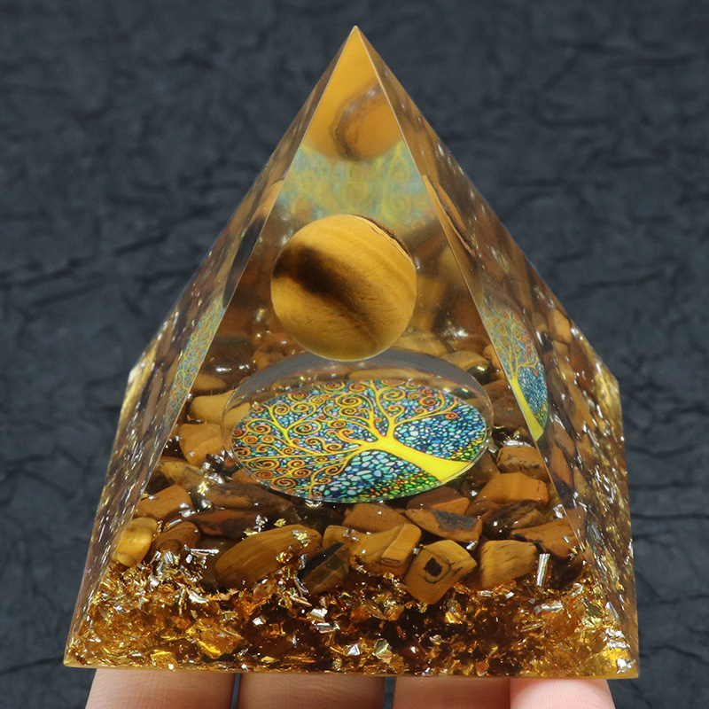Gemstone Sphere Raw Black Obsidian Base Gold 60MM Pyramid Ornament for Home Decor