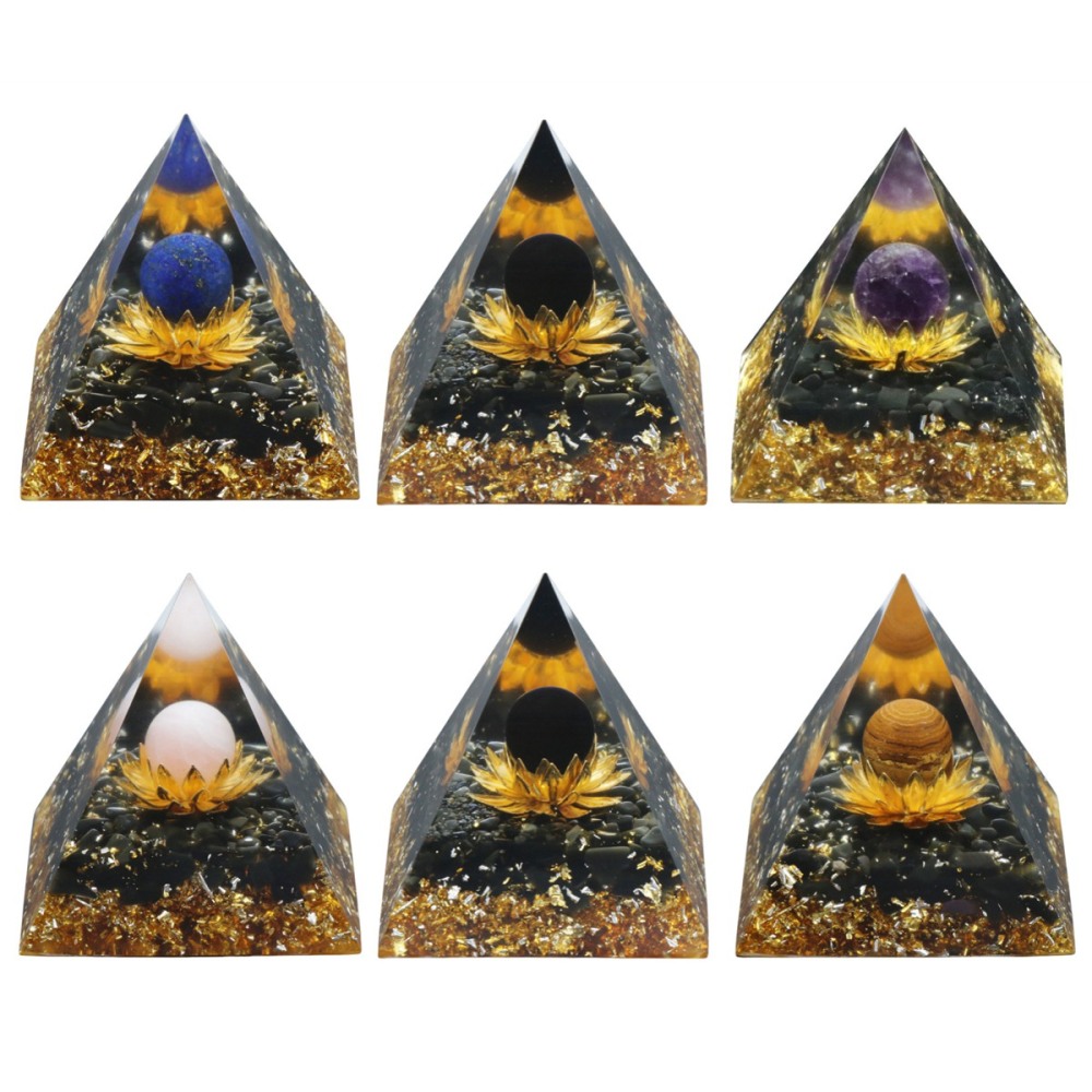 Gemstone Sphere Raw Black Obsidian Base Gold 60MM Pyramid Ornament for Home Decor