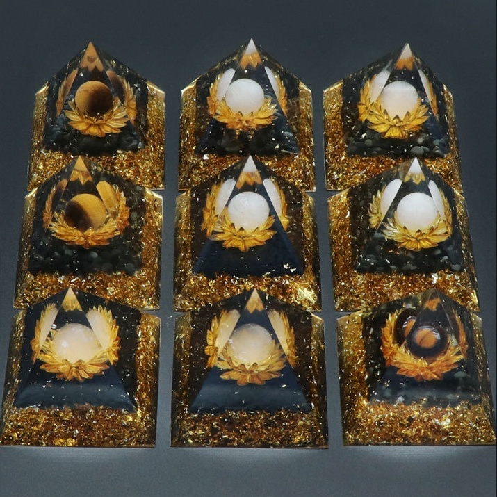 Gemstone Sphere Raw Black Obsidian Base Gold 60MM Pyramid Ornament for Home Decor