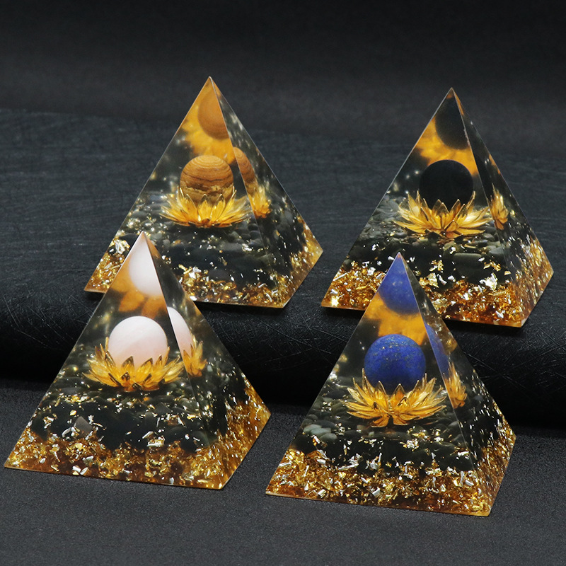 Gemstone Sphere Raw Black Obsidian Base Gold 60MM Pyramid Ornament for Home Decor