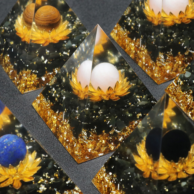 Gemstone Sphere Raw Black Obsidian Base Gold 60MM Pyramid Ornament for Home Decor
