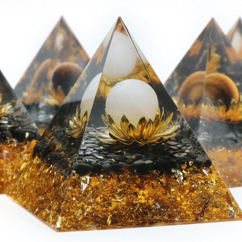 Gemstone Sphere Raw Black Obsidian Base Gold 60MM Pyramid Ornament for Home Decor