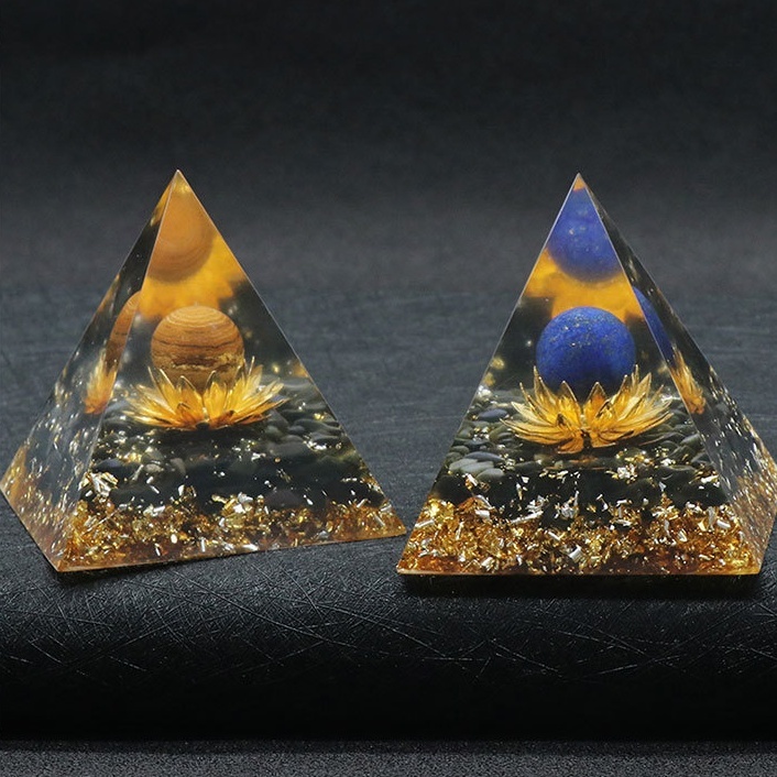 Gemstone Sphere Raw Black Obsidian Base Gold 60MM Pyramid Ornament for Home Decor