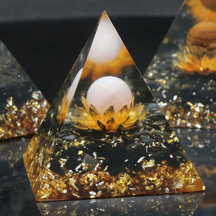 Gemstone Sphere Raw Black Obsidian Base Gold 60MM Pyramid Ornament for Home Decor