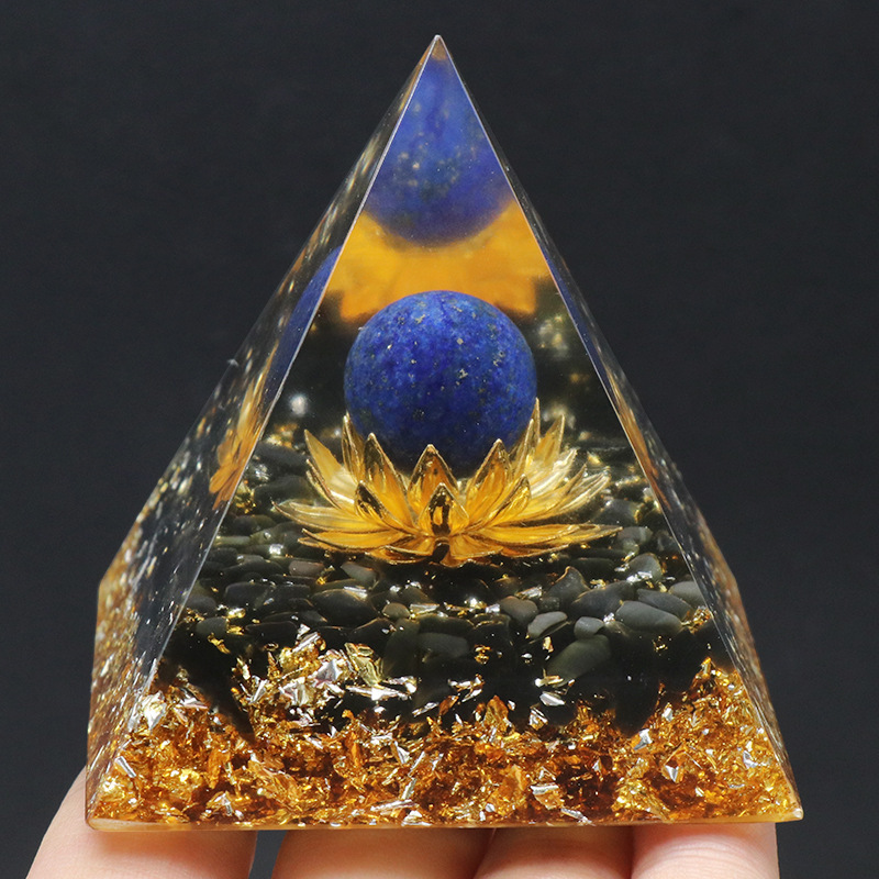 Gemstone Sphere Raw Black Obsidian Base Gold 60MM Pyramid Ornament for Home Decor