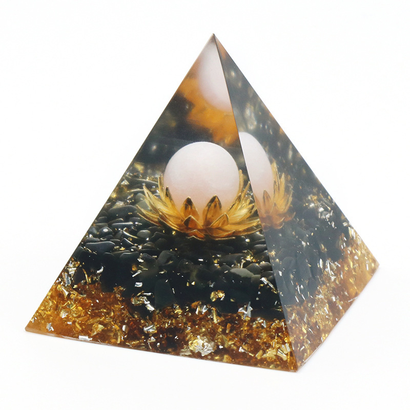 Gemstone Sphere Raw Black Obsidian Base Gold 60MM Pyramid Ornament for Home Decor