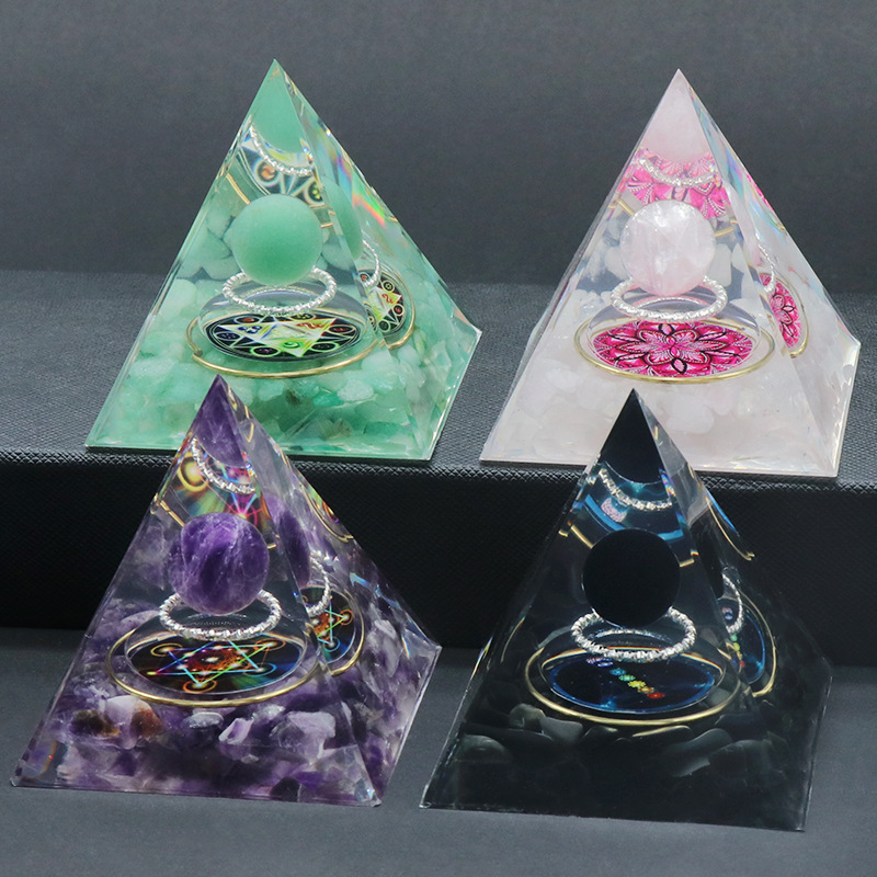 Gemstone Sphere Raw Stone Resin Base Gold 60MM Pyramid Ornament for Home Decor