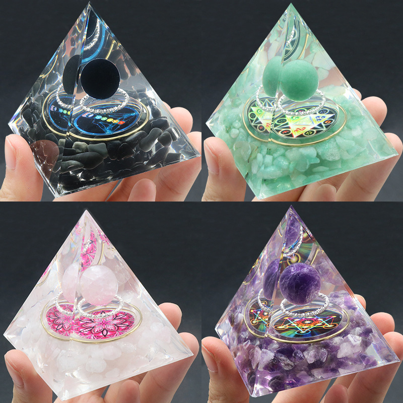 Gemstone Sphere Raw Stone Resin Base Gold 60MM Pyramid Ornament for Home Decor