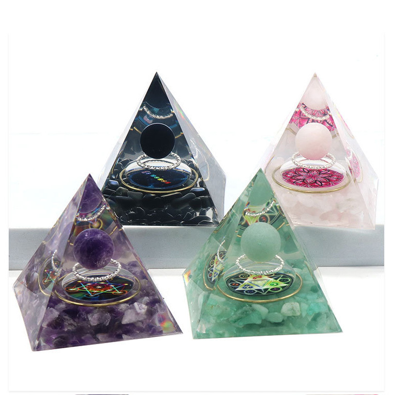 Gemstone Sphere Raw Stone Resin Base Gold 60MM Pyramid Ornament for Home Decor
