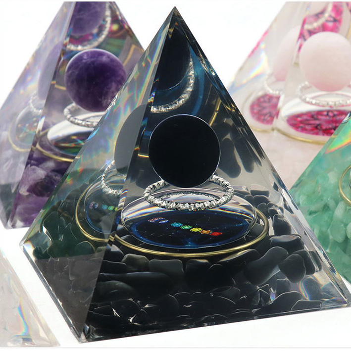 Gemstone Sphere Raw Stone Resin Base Gold 60MM Pyramid Ornament for Home Decor