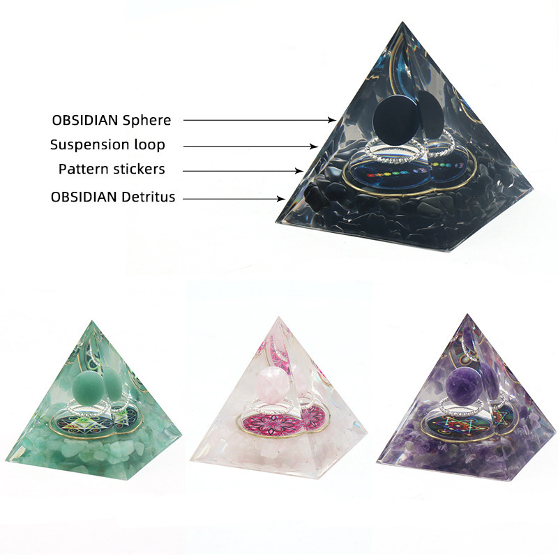 Gemstone Sphere Raw Stone Resin Base Gold 60MM Pyramid Ornament for Home Decor