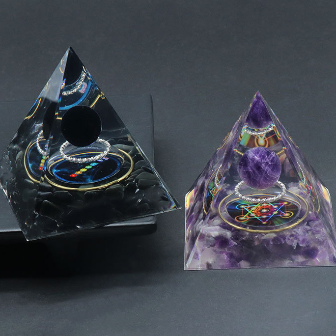 Gemstone Sphere Raw Stone Resin Base Gold 60MM Pyramid Ornament for Home Decor