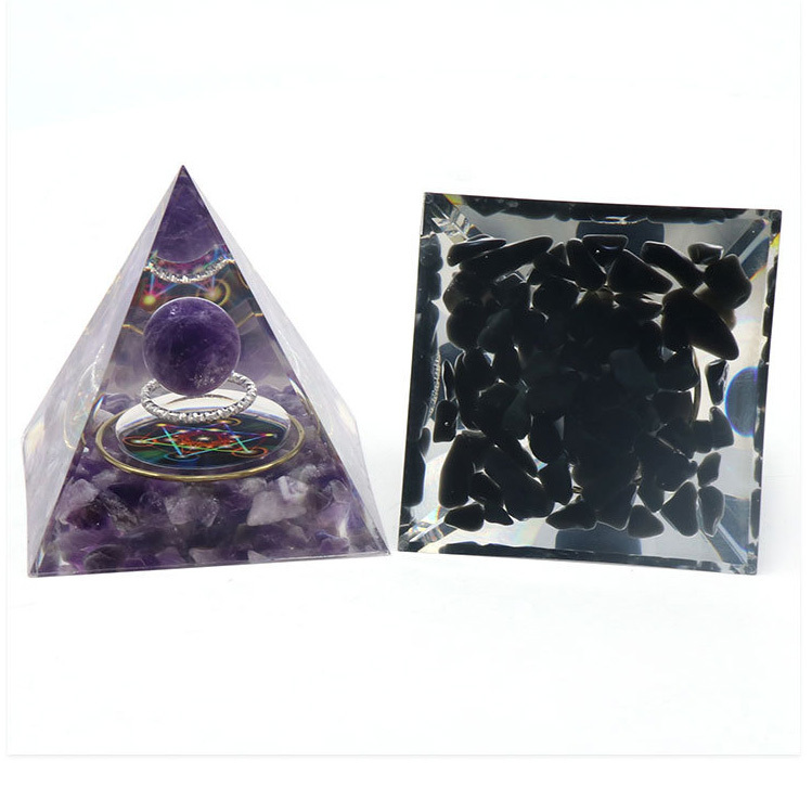 Gemstone Sphere Raw Stone Resin Base Gold 60MM Pyramid Ornament for Home Decor